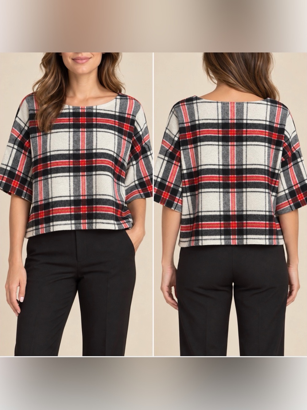 424 Fifth Lord & Taylor Plaid Wool Blend Short Sleeve Sweater Top XL